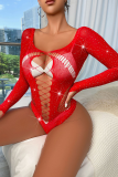 Tangerine Red Sexy Solid Hollowed Out Patchwork See-through Mesh Valentines Day Lingerie