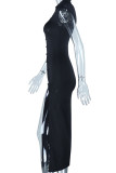 Black Sexy Solid Hollowed Out Patchwork Slit Turndown Collar Straight Dresses