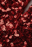 Red Sexy Solid Sequins Patchwork Feathers Off the Shoulder One Step Skirt Dresses