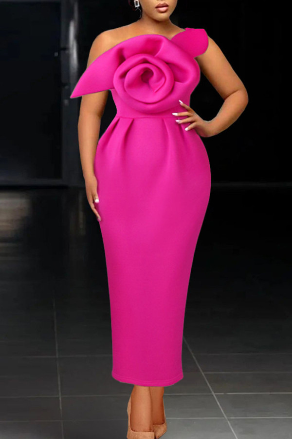 Rose Red Elegant Solid Patchwork Appliques Oblique Collar Dresses