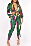 Green Sexy Print Bandage Patchwork Turndown Collar Long Sleeve Two Pieces