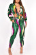 Green Sexy Print Bandage Patchwork Turndown Collar Long Sleeve Two Pieces