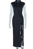 Black Sexy Solid Hollowed Out Patchwork Slit Turndown Collar Straight Dresses