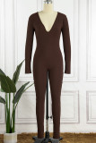 Dark Coffee Sexy Solid Basic V Neck Skinny Jumpsuits