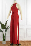 Red Fashion Sexy Solid Bandage Backless Slit O Neck Regular Jumpsuits