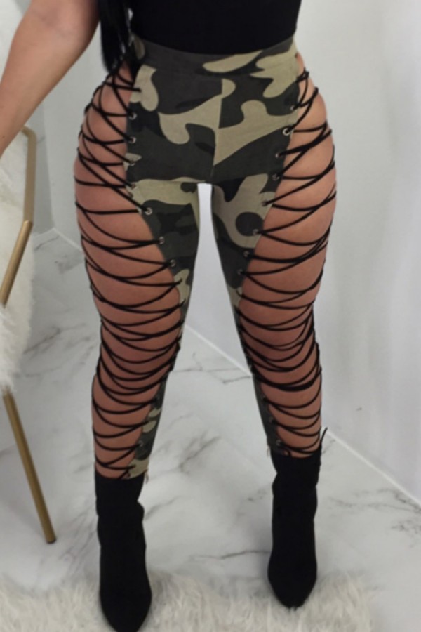 Army Green Sexy Casual Solid Hollowed Out Frenulum Skinny High Waist Pencil Patchwork Trousers