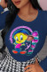 Navy Blue Cute Character Patchwork O Neck Tops