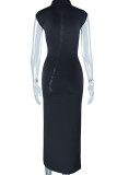 Black Sexy Solid Hollowed Out Patchwork Slit Turndown Collar Straight Dresses