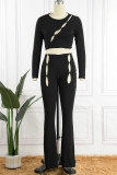 Black Sexy Casual Solid Hollowed Out O Neck Long Sleeve Two Pieces