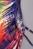 Colour Sexy Casual Print Bandage Slit Oblique Collar Long Sleeve Dresses
