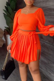 Orange Casual Solid Bandage Patchwork Fold Square Collar Long Sleeve Two Pieces