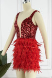 Red Sexy Solid Sequins Patchwork Feathers Off the Shoulder One Step Skirt Dresses