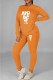 Orange Casual Print Letter O Neck Long Sleeve Two Pieces