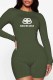 Army Green Casual Print Letter O Neck Rompers