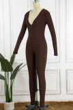 Dark Coffee Sexy Solid Basic V Neck Skinny Jumpsuits