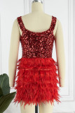 Red Sexy Solid Sequins Patchwork Feathers Off the Shoulder One Step Skirt Dresses
