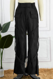 Black Casual Solid Patchwork Regular High Waist Trousers