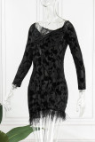 Green Sexy Solid Patchwork Feathers Backless Off the Shoulder Long Sleeve Dresses