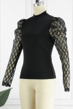 Blue Casual Patchwork Sequins See-through Turtleneck Tops