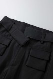 Black Casual Solid Patchwork Regular High Waist Trousers