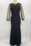 Black Casual Solid Patchwork See-through O Neck Long Sleeve Dresses