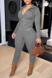 Grey Casual Solid Patchwork Zipper Hooded Collar Long Sleeve Two Pieces