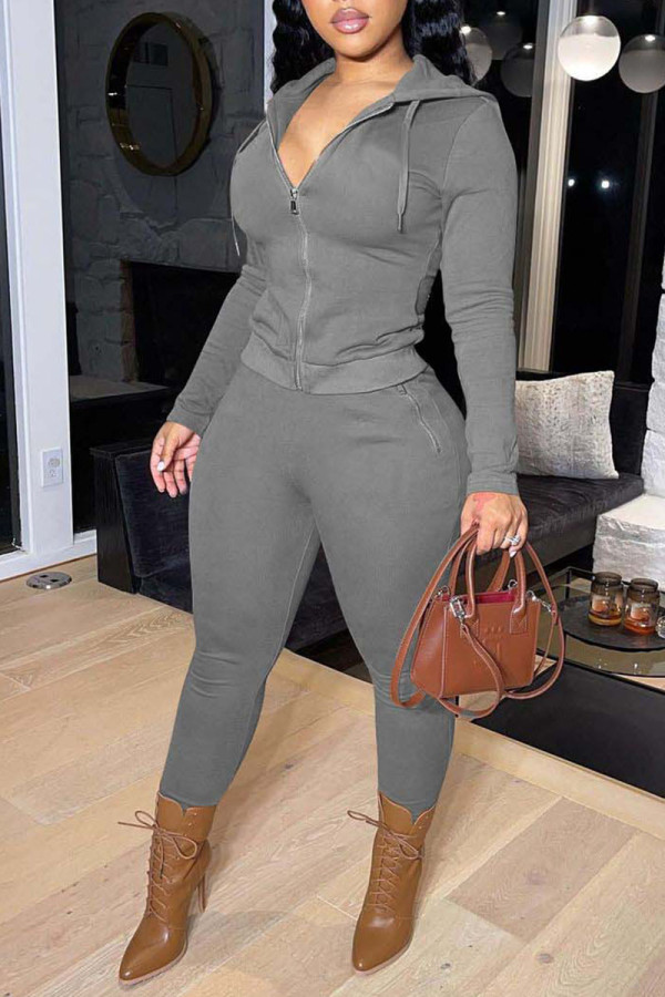 Grey Casual Solid Patchwork Zipper Hooded Collar Long Sleeve Two Pieces