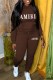 Dark Brown Casual Print Letter Hooded Collar Long Sleeve Two Pieces