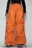 Orange Casual Solid Patchwork Regular High Waist Conventional Solid Color Trousers