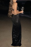 Green Sexy Solid Sequins Backless Slit Spaghetti Strap Long Dress Dresses