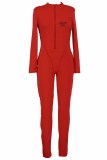 Red Sexy Print Letter Zipper Collar Jumpsuits