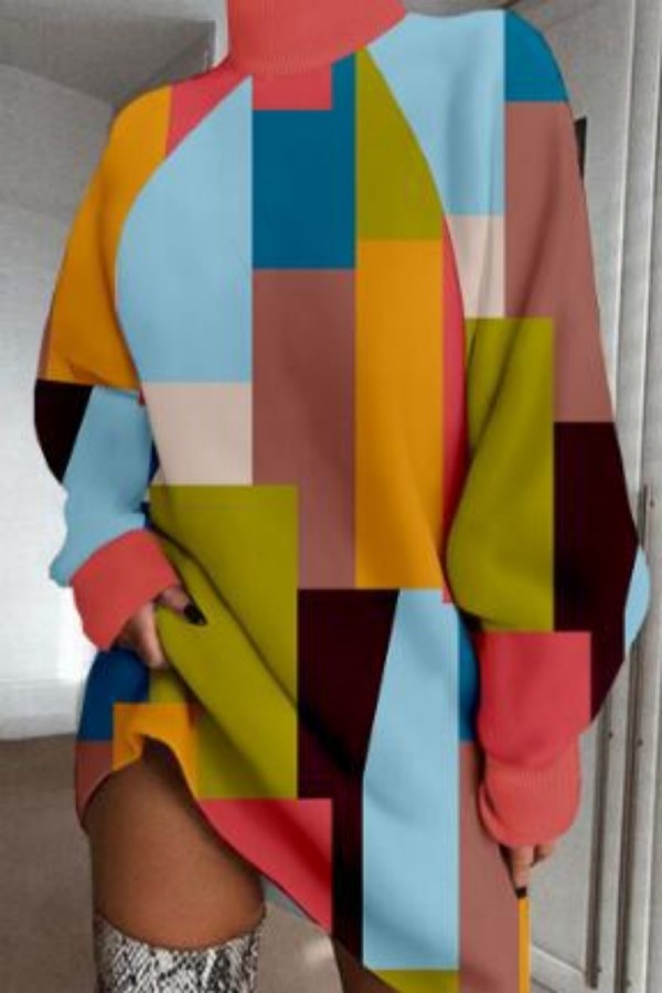 Multicolor Casual Print Basic Turtleneck Long Sleeve Dresses