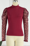 Blue Casual Patchwork Sequins See-through Turtleneck Tops