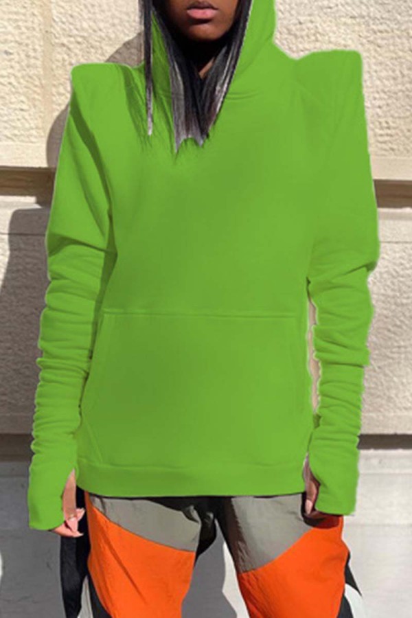 Green Casual Basic Hooded Collar Tops