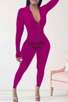 Rose Red Sexy Print Letter Zipper Collar Jumpsuits