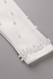 White Casual Solid Patchwork Beading Off the Shoulder Long Sleeve Dresses