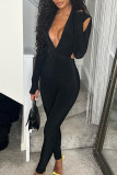 Black Sexy Solid Hollowed Out Patchwork V Neck Skinny Jumpsuits