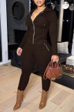 Coffee Casual Solid Patchwork Zipper Hooded Collar Long Sleeve Two Pieces