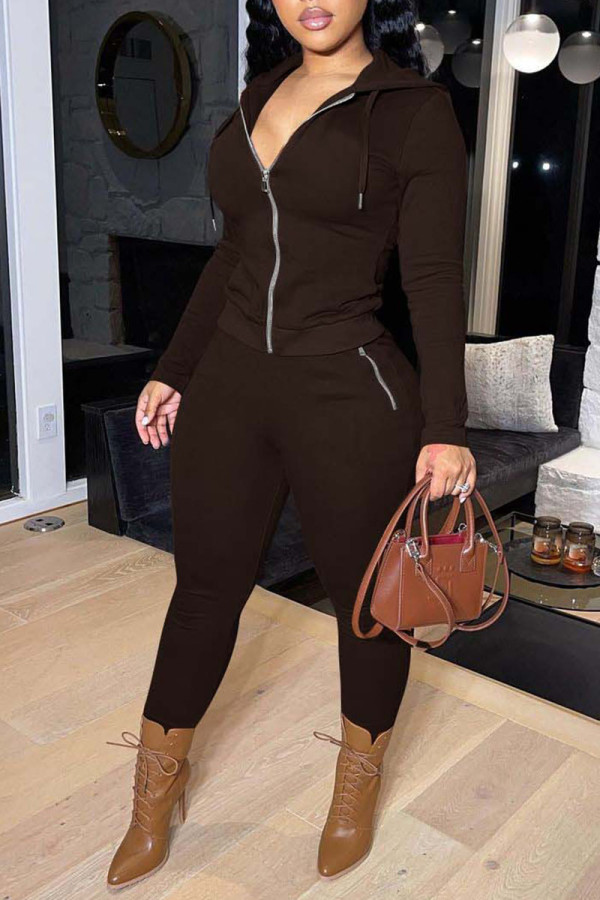 Coffee Casual Solid Patchwork Zipper Hooded Collar Long Sleeve Two Pieces