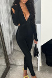 Black Sexy Solid Hollowed Out Patchwork V Neck Skinny Jumpsuits