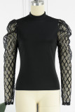 Blue Casual Patchwork Sequins See-through Turtleneck Tops