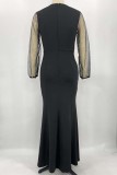 Black Casual Solid Patchwork See-through O Neck Long Sleeve Dresses