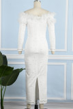 White Casual Solid Patchwork Beading Off the Shoulder Long Sleeve Dresses
