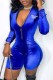 Blue Casual Print Letter Zipper Collar Rompers