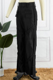 Black Casual Solid Patchwork Regular High Waist Trousers