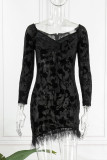 Green Sexy Solid Patchwork Feathers Backless Off the Shoulder Long Sleeve Dresses