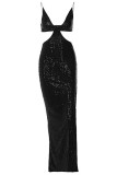Green Sexy Solid Sequins Backless Slit Spaghetti Strap Long Dress Dresses