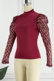 Blue Casual Patchwork Sequins See-through Turtleneck Tops