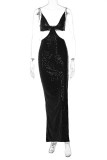 Green Sexy Solid Sequins Backless Slit Spaghetti Strap Long Dress Dresses
