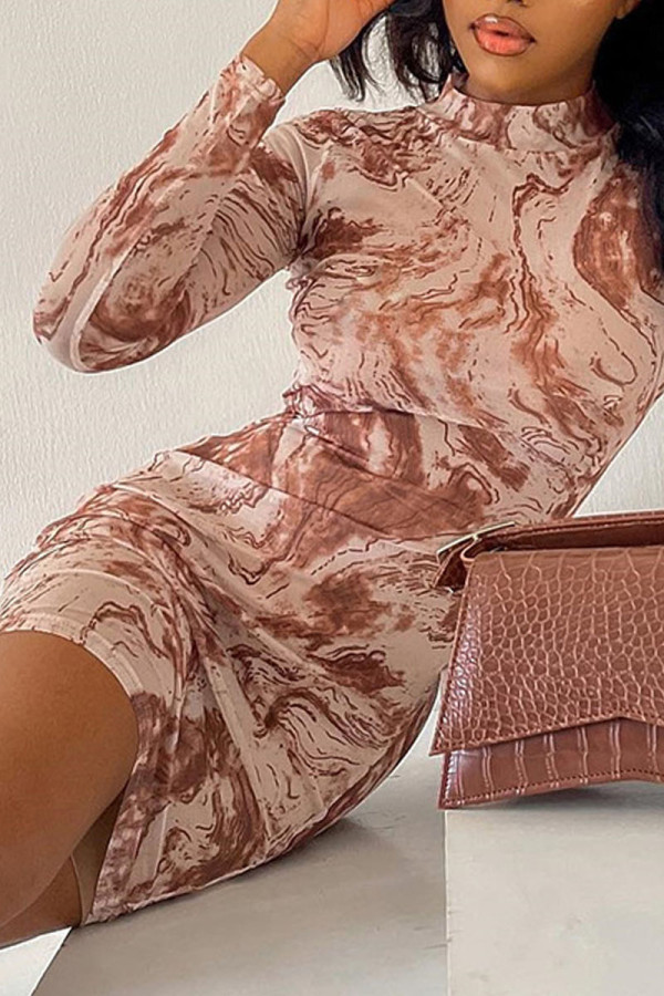 Brown Sexy Print Patchwork Half A Turtleneck Pencil Skirt Dresses